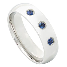 Load image into Gallery viewer, 6mm Domed High Polished Finish With THREE (3) bezel-set BLUE SAPPHIRES Wedding Band Ring