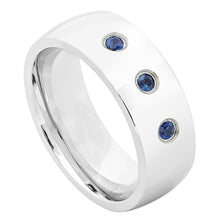 Load image into Gallery viewer, 8mm Domed High Polished Finish With THREE (3) bezel-set BLUE SAPPHIRES Wedding Band Ring