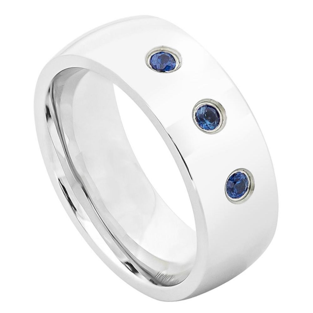 8mm Domed High Polished Finish With THREE (3) bezel-set BLUE SAPPHIRES Wedding Band Ring