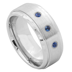 9mm Brushed Finish Shiny Stepped Edge With THREE (3) bezel-set BLUE SAPPHIRES Wedding Band Ring