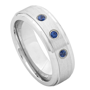 7mm Brushed Finish Shiny Stepped Edge With THREE (3) bezel-set BLUE SAPPHIRES Wedding Band Ring