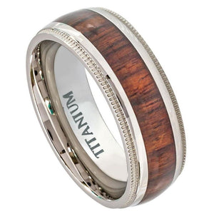 8mm Titanium Ring Domed Milgrain Edge with Hawaiian Koa Inlay Wedding Band Ring