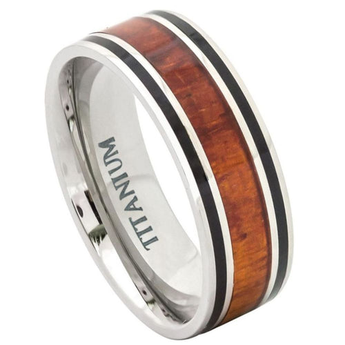 9mm Titanium Ring Flat with Hawaiian Koa Inlay Wedding Band Ring