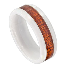 Load image into Gallery viewer, 8mm White Ceramic Ring with Hawaiian Koa Wood Inlay; Faceted Edge Wedding Band Ring