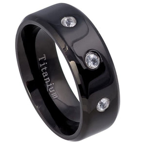 8mm Black IP Plated High Polished Shiny Beveled Edge With THREE (3) bezel-set WHITE SAPPHIRES Ring