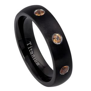 5mm Domed Black IP Plated Brushed Finish With ONE (3) bezel-set ORANGE SAPPHIRES Wedding Band Ring