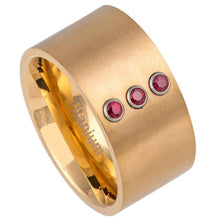 Load image into Gallery viewer, 12mm Yellow Gold IP Plated Brushed Finish Pipe-cut With three (3) bezel-set RUBIES Wedding Band Ring