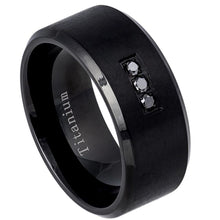 Load image into Gallery viewer, 10mm Black IP Plated Matte Finish Shiny Beveled Edge With ONE (3) BLACK DIAMOND Wedding Ring