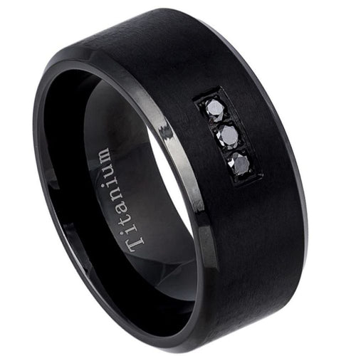 10mm Black IP Plated Matte Finish Shiny Beveled Edge With ONE (3) BLACK DIAMOND Wedding Ring