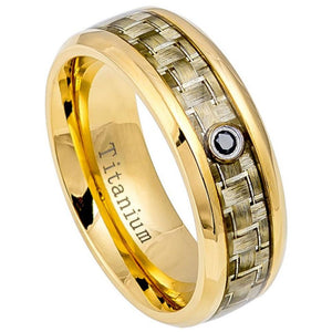 8mm Yellow Gold IP Plated Finish Golden Carbon Fiber Inlay High Polished Beveled Edge (1) bezel-set