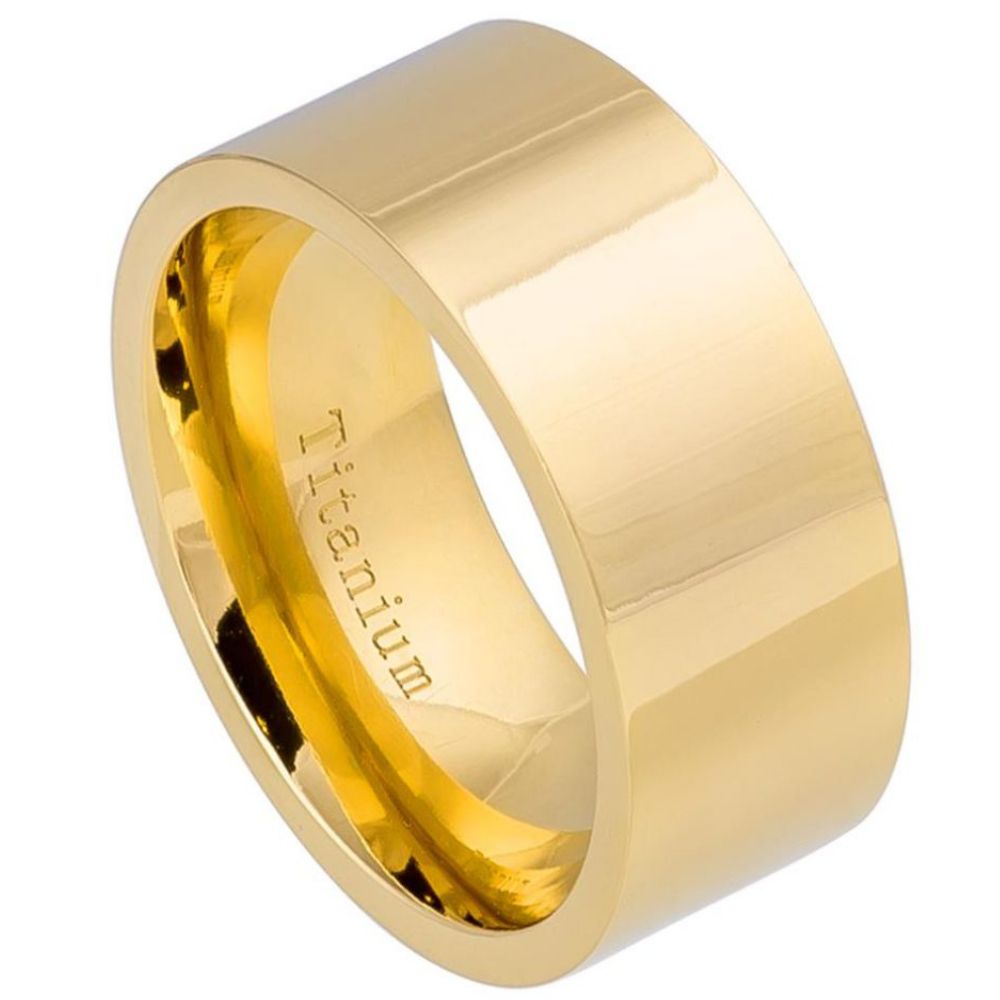 10mm High Polished Pipe-cut Yellow Gold I Titanium Ring Wedding Band Ring