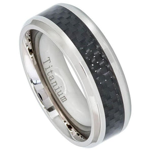 8mm High Polished Titanium Ring with Black Carbon Fiber Inlay Wedding Band Ring