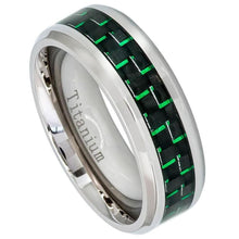 Load image into Gallery viewer, 8mm High Polished Titanium Ring with Green Carbon Fiber Inlay Beveled Edge Wedding Band Ring