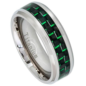 8mm High Polished Titanium Ring with Green Carbon Fiber Inlay Beveled Edge Wedding Band Ring