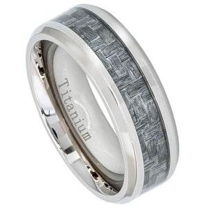 8mm Polished Titanium Ring with Charcoal Gray Carbon Fiber Inlay Beveled Edge Wedding Band Ring
