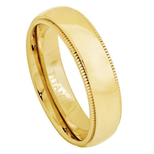 5mm Yellow Gold Tone IP Plated Domed Titanium Ring with Milgrain Wedding Band Ring