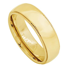 Load image into Gallery viewer, 7mm Yellow Gold Tone IP Plated Domed Titanium Ring with Milgrain Wedding Band Ring