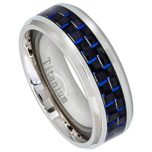 Load image into Gallery viewer, 8mm Titanium Ring High Polished Beveled Edge with Blue Carbon Fiber Inlay Wedding Band Ring