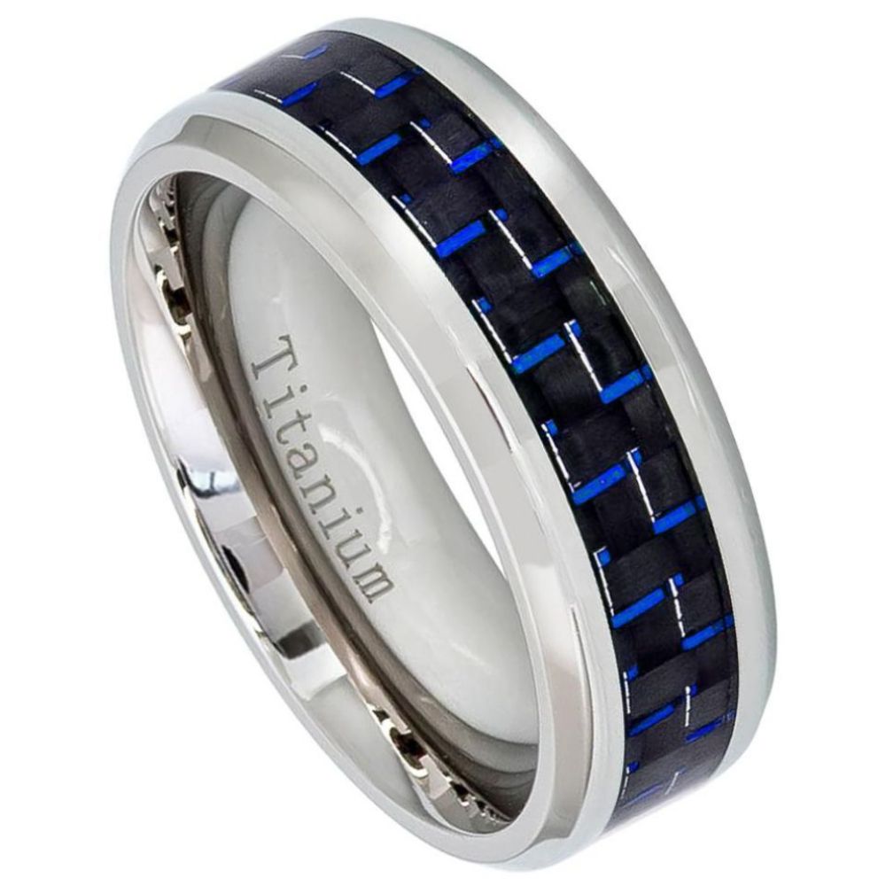 8mm Titanium Ring High Polished Beveled Edge with Blue Carbon Fiber Inlay Wedding Band Ring