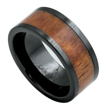 Load image into Gallery viewer, 9mm Pipe-Cut Black Ceramic Ring with Hawaiian Koa Inlay Wedding Band Ring