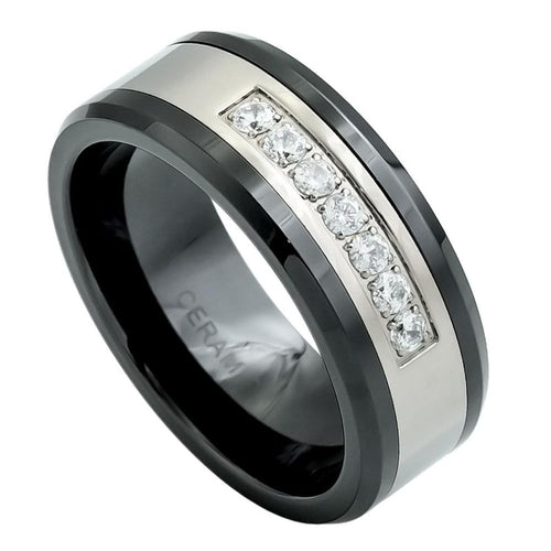 8mm Low Beveled Edge Black Ceramic Ring with a Row of 7 CZs on Stainless Steel Inlay Wedding Ring