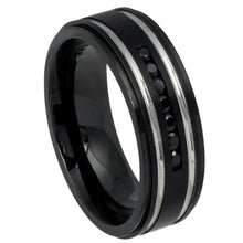 Load image into Gallery viewer, 8mm Black IP Plated Titanium Ring High Polished Double Grooved with 7 Black CZs Wedding Band Ring