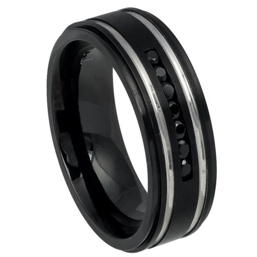 8mm Black IP Plated Titanium Ring High Polished Double Grooved with 7 Black CZs Wedding Band Ring