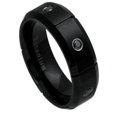 Load image into Gallery viewer, 8mm Black IP Plated Titanium Ring Multi-Grooved with Six Black CZs Wedding Band Ring