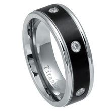 Load image into Gallery viewer, 8mm Two-tone Black IP Plated Titanium Ring with Six White CZs Wedding Band Ring