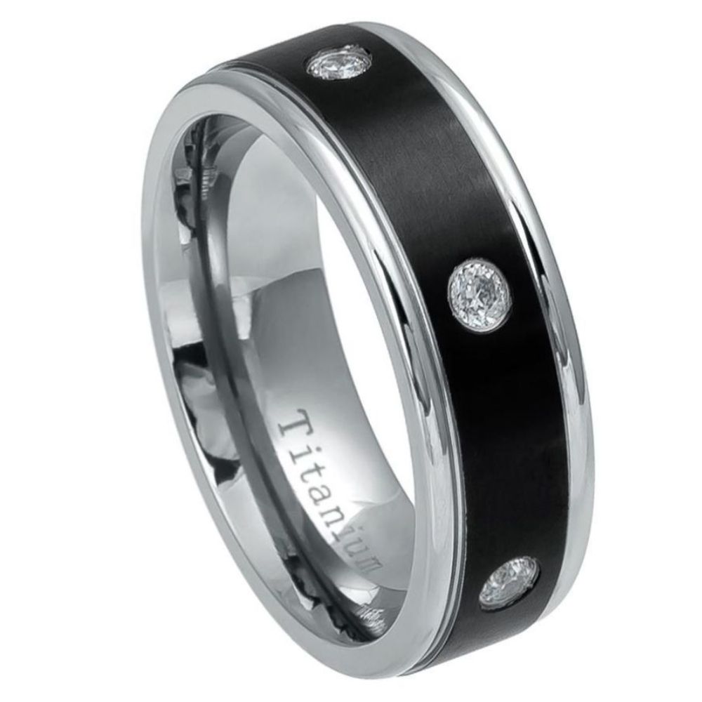 8mm Two-tone Black IP Plated Titanium Ring with Six White CZs Wedding Band Ring