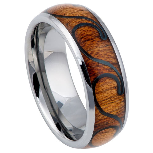 8mm Tungsten Carbide Hawaiian Koa with Black Plated Wave Design Inlay Domed Ring Wedding Band Ring