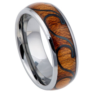 8mm Tungsten Carbide Hawaiian Koa with Black Plated Wave Design Inlay Domed Ring Wedding Band Ring