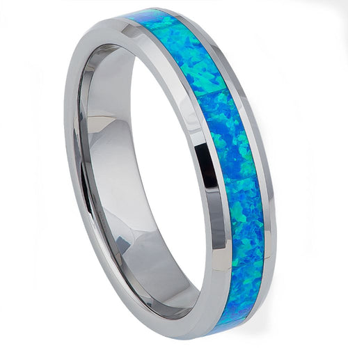 6mm Tungsten Carbide Synthetic Opal Inlay Beveled Edge Ring Wedding Band Ring