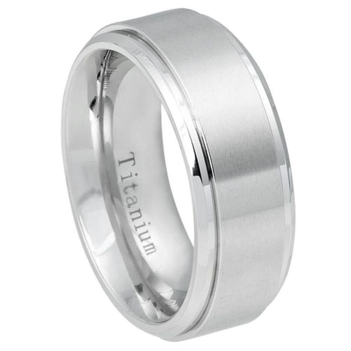 9mm White IP Plated Titanium Ring Brushed Center, Shiny Stepped Edge Wedding Band Ring