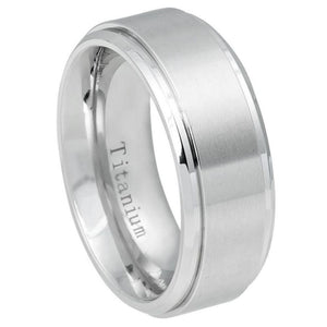 9mm White IP Plated Titanium Ring Brushed Center, Shiny Stepped Edge Wedding Band Ring
