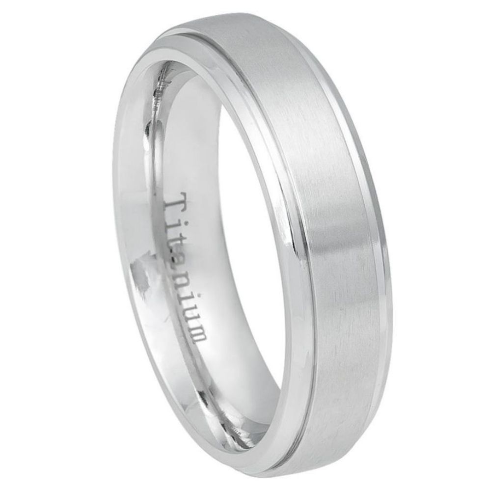 6mm White IP Plated Titanium Ring Brushed Center, Shiny Stepped Edge Wedding Band Ring