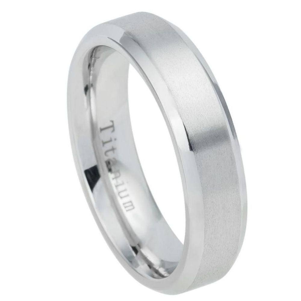 6mm White IP Plated Titanium Ring Brushed Center Shiny Beveled Edge Wedding Band Ring
