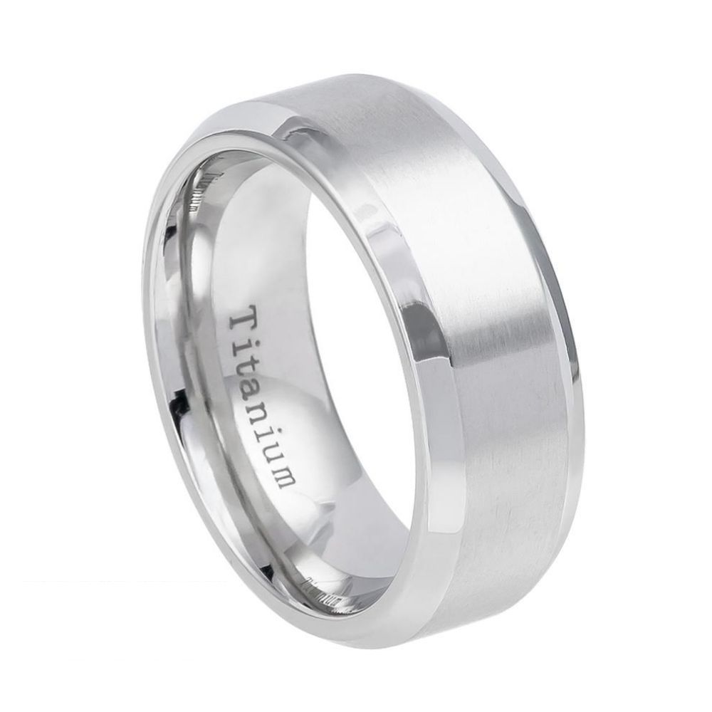 8mm White IP Plated Titanium Ring Brushed Center Shiny Beveled Edge Wedding Band Ring