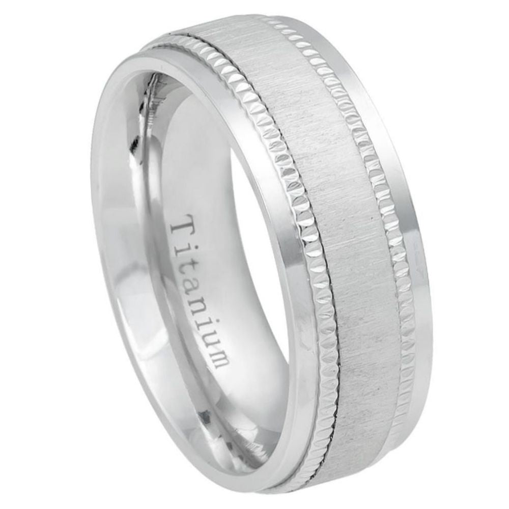 8mm White IP Plated Titanium Ring Satin Finish Center with Milgrain Stepped Edge Wedding Band Ring