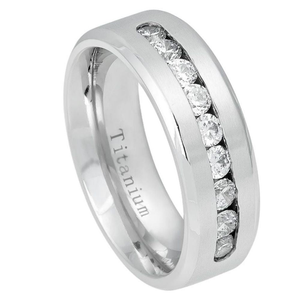 8mm White IP Plated Titanium Ring Brushed Center Shiny Beveled Edge with 9 Channel-set CZs Ring