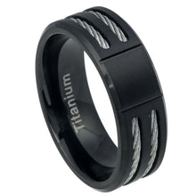 Load image into Gallery viewer, 8mm Grooved Center Brushed Black IP Plated Titanium Ring Low Beveled Edge with Double Cable