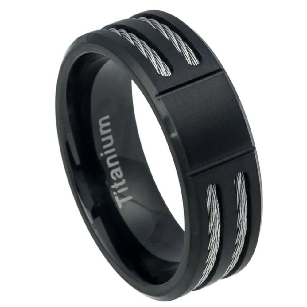8mm Grooved Center Brushed Black IP Plated Titanium Ring Low Beveled Edge with Double Cable
