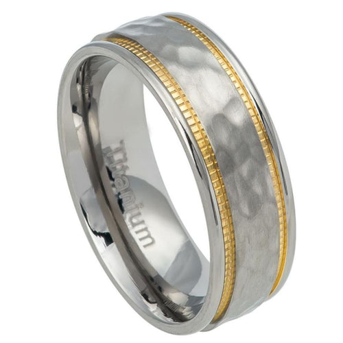 7.5mm Titanium Ring Hammered Center Yellow IP Milgrain sides Wedding Band Ring