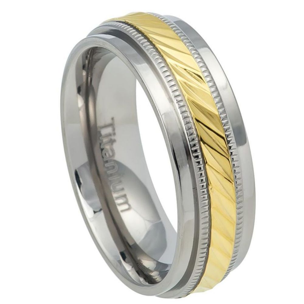 7.5mm Titanium Ring Yellow IP Notched Center with Milgrain-7 Wedding Band Ring