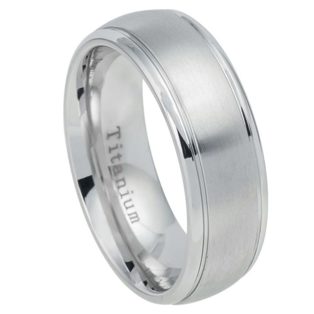 8mm White IP Plated Titanium Ring Domed Brushed Center Stepped Edge Wedding Band Ring