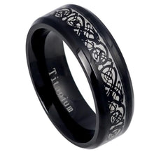 Load image into Gallery viewer, 8mm Black IP Plated Titanium Ring with Black IP Celtic Design Inlay Wedding Band Ring