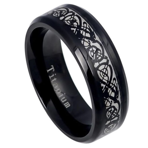 8mm Black IP Plated Titanium Ring with Black IP Celtic Design Inlay Wedding Band Ring