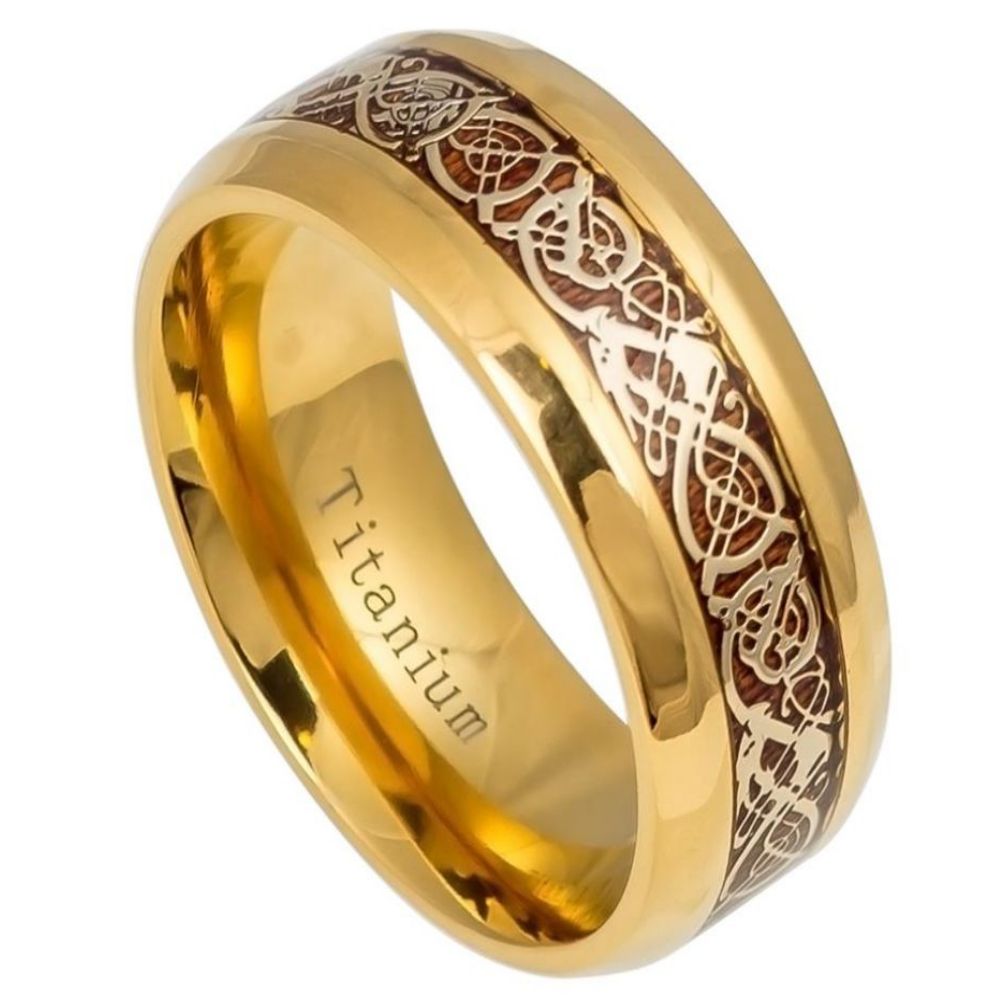 9mm Yellow Gold IP Plated Titanium Ring with Yellow Gold IP Celtic Design Over Rosewood Inlay Ring