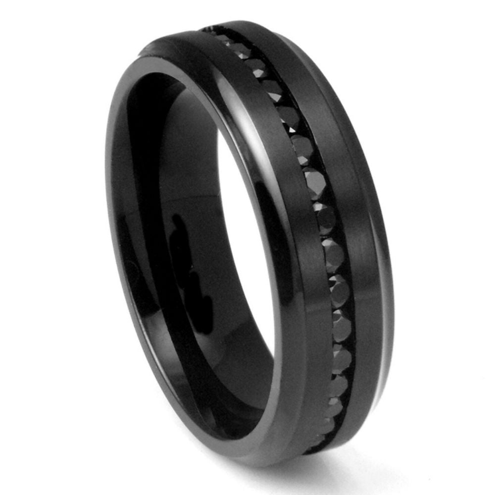 8mm Black IP Plated Titanium Beveled Edge Black CZ Eternity Band Wedding Band Ring