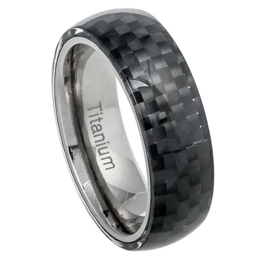 8mm Domed Black Carbon Fiber Overlay on Titanium Ring Base Wedding Band Ring